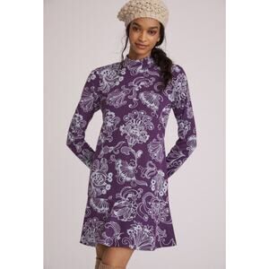 Anthropologie Purple & Blue Floral Backless Mockneck Swing Dress